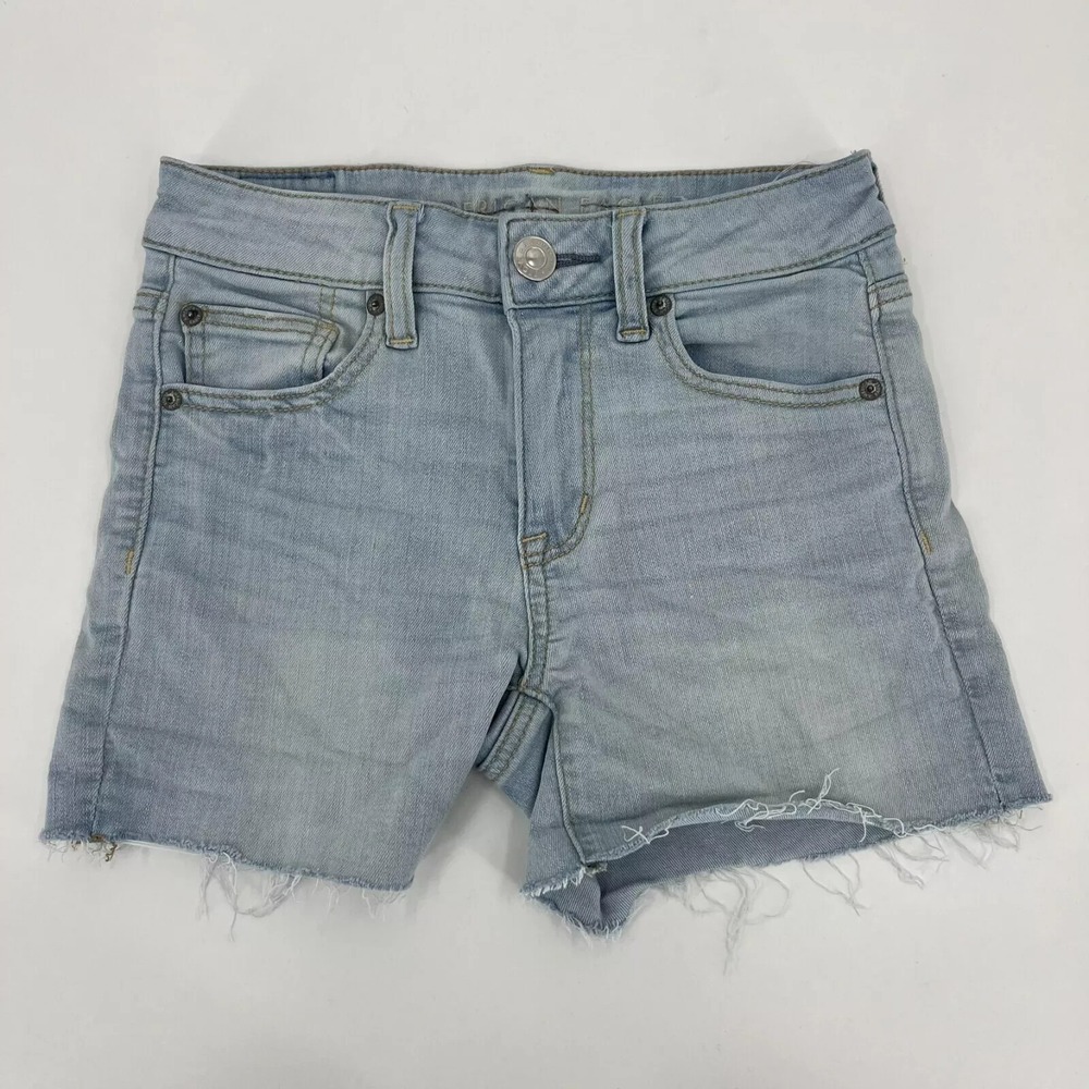 American Eagle Hi-Rise Shortie Light Wash Frayed Denim Shorts Size 00
